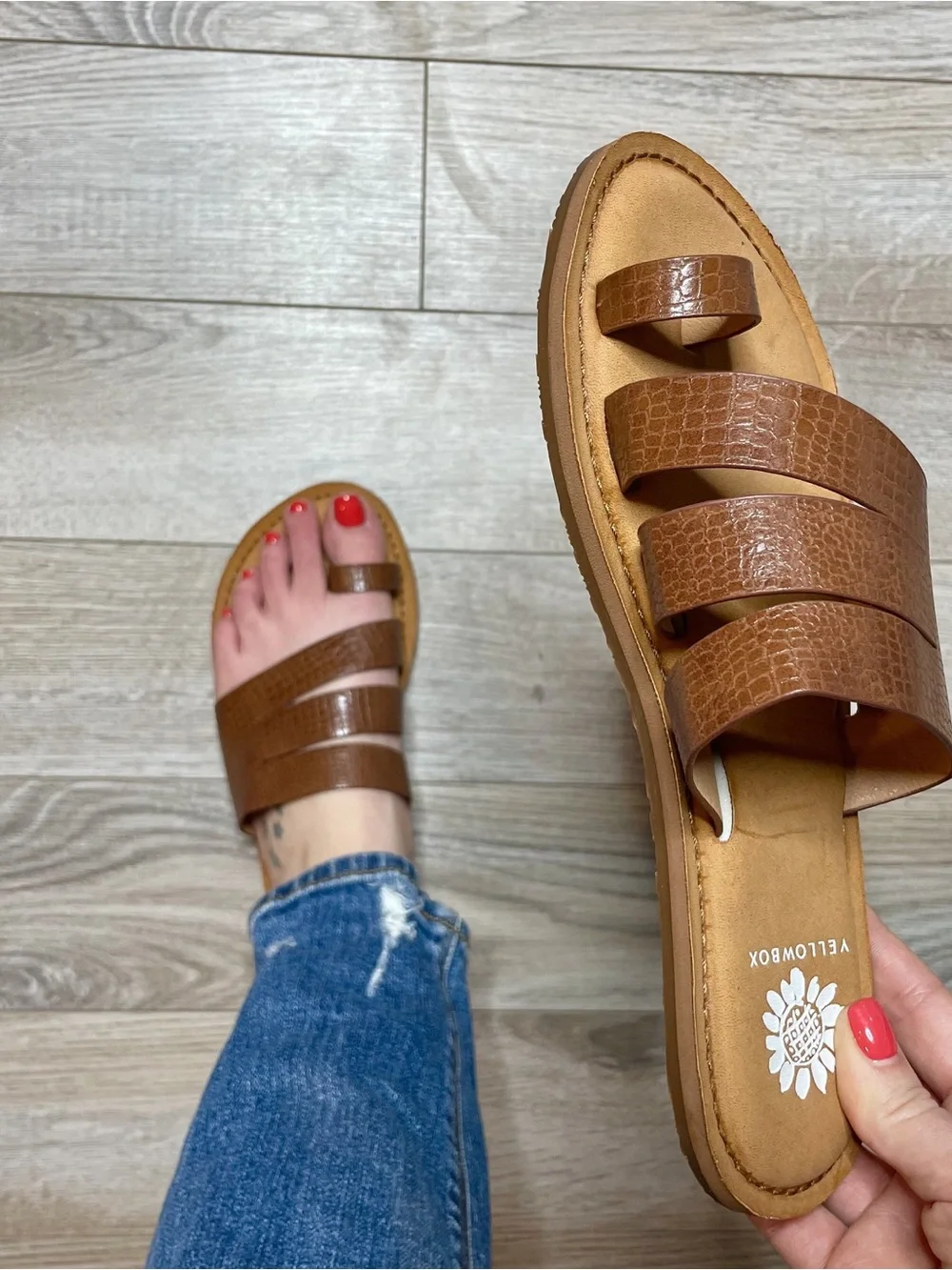 Yellow Box Cognac Brown Leather Triple-Strap Slide - Picture 3 of 4